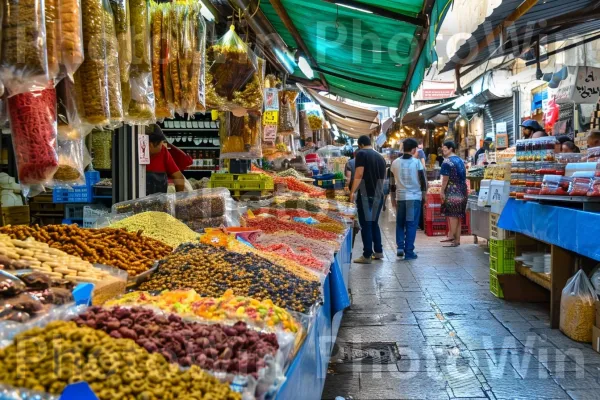 שוק רחוב הומה בירושלים, חי בצבעים וניחוחות מרהיבים, ממדינת ישראל. מוכר, מזונות טבעיים, מזון מלא