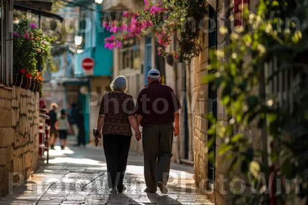 זוגות מבוגרים מוקירים שיטוט ברחובות הרומנטיים של צפת, ממדינת ישראל. צמח, עלה, כובע