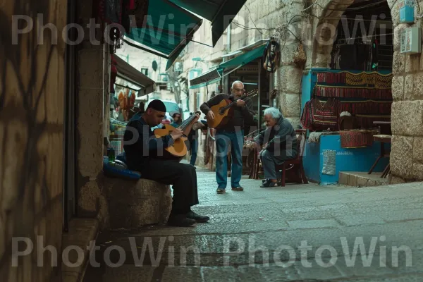 נגני רחוב מנגנים ניגונים מלאי נשמה בסמטאות התוסס של עכו, קוסמים לעוברים ושבים, ממדינת ישראל. מוּסִיקָאִי, סִמטָה, גִיטָרָה