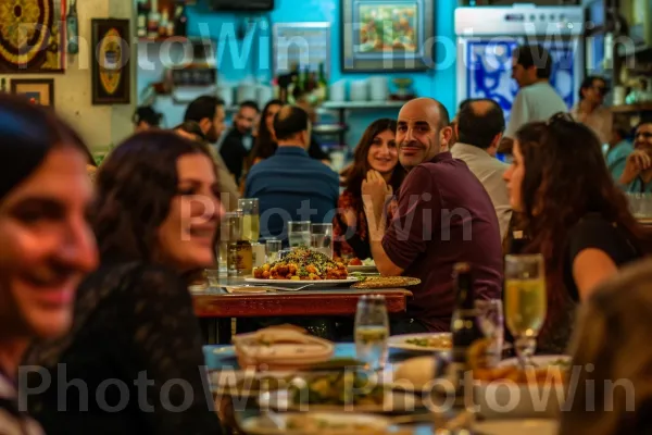 מקומיים נהנים מארוחה תימנית מסורתית בלב תל אביב, ממדינת ישראל. מזון, כלי שולחן, צרכן