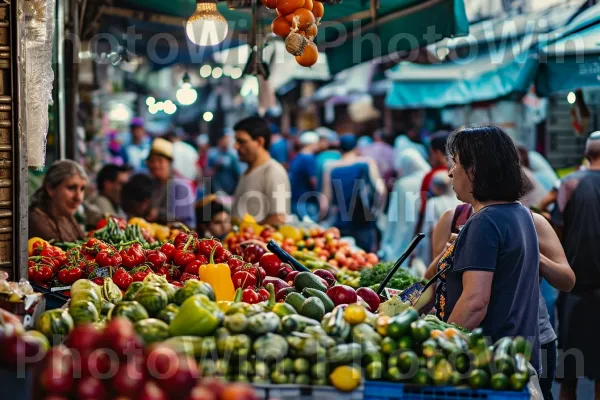 שוק חוצות שוקק, מקומיים מתמקחים על תוצרת טרייה ממדינת ישראל. מזון, תַצלוּם, מזון מלא