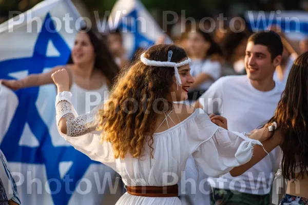 חברים ובני משפחה רוקדים בשמחה באירוע ריקודי עם ישראלי תוסס ממדינת ישראל. חיוך, מחווה, שַׂמֵחַ