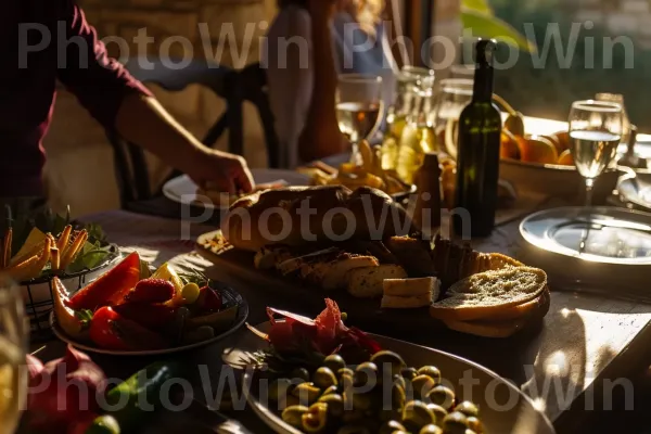 חברים נהנים מממרח ארוחת בוקר ישראלית מסורתית, ממדינת ישראל. מזון, מתכון, כוס יין