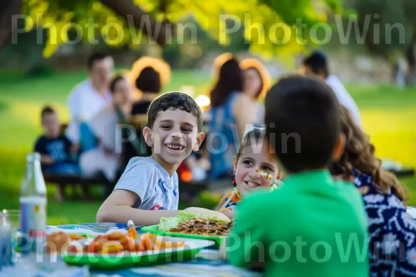 משפחות נהנות מפיקניק קיץ תוך שמירה על כשרות, ממדינת ישראל. מזון, חיוך, צמח