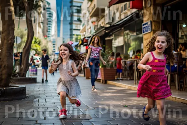 ילדים משחקים ברחובות התוססים של תל אביב, ממדינת ישראל. שמלה, שְׁכוּנָה, מִכְנָסַיִים קְצָרִים