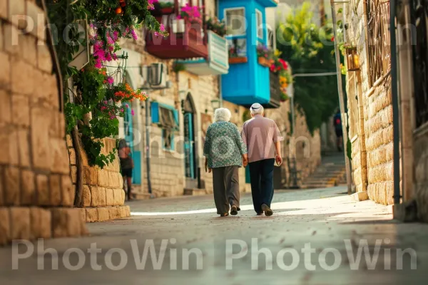 זוגות מבוגרים מוקירים שיטוט ברחובות הרומנטיים של צפת, ממדינת ישראל. צמח, בן אנוש, תַשׁתִית