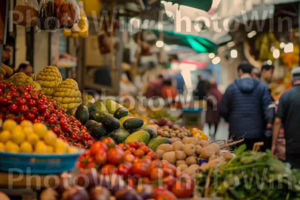 שוק רחוב תוסס עם רוכלים המוכרים תוצרת מקומית ותבלינים, ממדינת ישראל. מוכר, יַרקָן, פרי