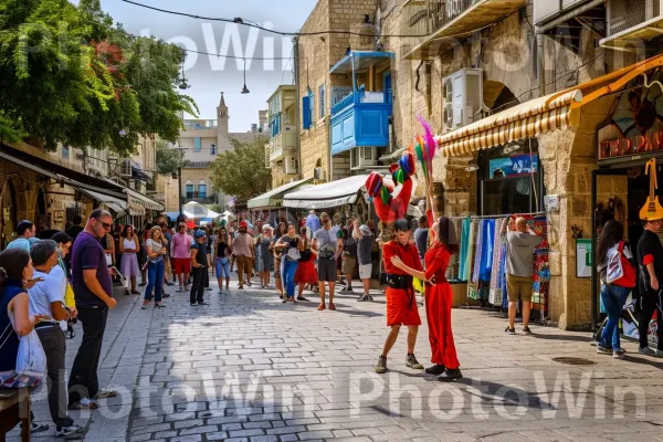 אמני רחוב נמרצים המשעשעים תיירים בעיר התוססת יפו, ממדינת ישראל. תַשׁתִית, בית המקדש, עֵץ