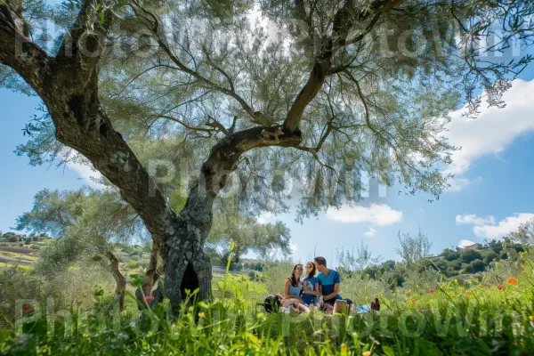 משפחה נהנית מפיקניק בצל עץ זית עתיק, ממדינת ישראל. צמח, אזור אקולוגי, עֵץ