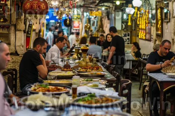 מקומיים נהנים מארוחה תימנית מסורתית בלב תל אביב, ממדינת ישראל. מזון, צרכן, כלי שולחן