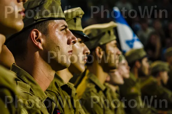 חיילים גאים מזדקפים במהלך טקס צבאי, לכבוד שירותם, ממדינת ישראל. הסוואה צבאית, מדי צבא, כובע