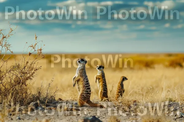 סוריקטות סקרניות עומדות גבוה על רגליהן האחוריות, סורקות את האופק. עופר, נוף טבעי, צמח