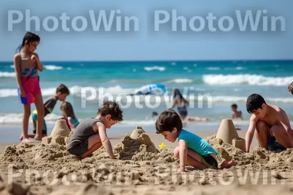 משפחות נהנות מיום שמשי בחוף תל אביב, ממדינת ישראל. שָׁמַיִם, תַצלוּם, גוף של מים