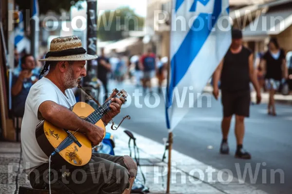 מוזיקאי מוכשר מנגן מנגינות ישראליות מסורתיות בפינת רחוב, ממדינת ישראל. כלי נגינה, מוּסִיקָאִי, אביזר גיטרה