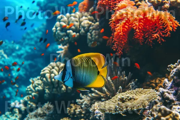 דגים טרופיים צבעוניים שוחים בשונית אלמוגים תוססת. בַּעֲלֵי הַחוּלִיוֹת, מים, גוף של מים