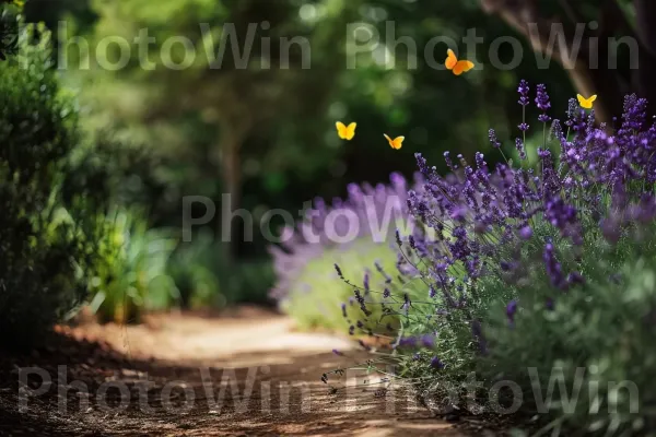 שביל גן שקט עם צמחי לבנדר תוססים. סָגוֹל, נוף טבעי, עץ