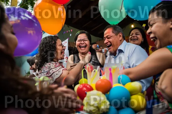 החוגגים מתפרצים בהתרגשות כשהם מפתיעים אדם אהוב ביום המיוחד שלהם. חיוך, כְּחוֹל, בַּלוֹן