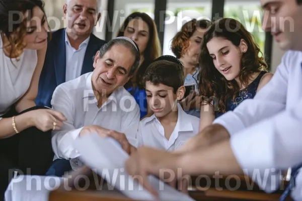 הורים גאים צופים בילדם קורא בתורה במהלך בר המצווה. חיוך, אופנה, שַׂמֵחַ