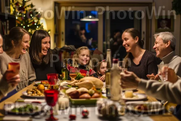 מפגש משפחתי מחמם לב לחגוג הישג של יקיריהם. כלי שולחן, שולחן, עץ חג המולד