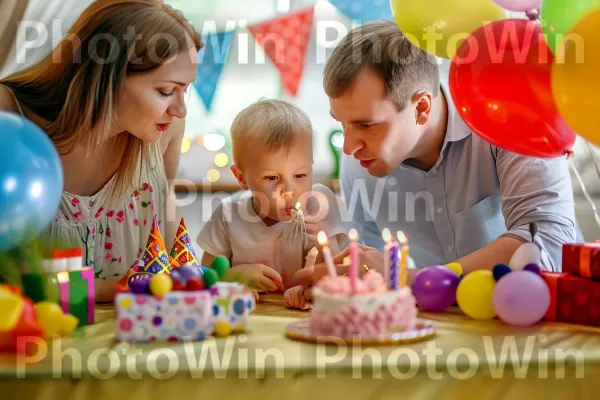 הורים גאים צופים בילדם מכבים נרות על עוגת יום ההולדת שלהם. נר, קישוט עוגה, שמלה