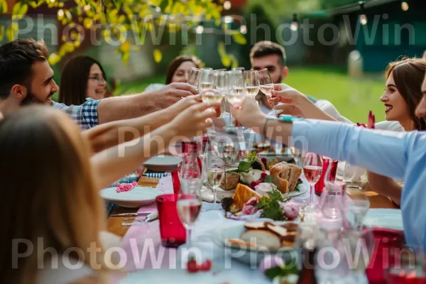 קבוצת חברים תוססת כוסית לזוג המאורס הטרי. כלי שולחן, צהוב, כִּסֵא