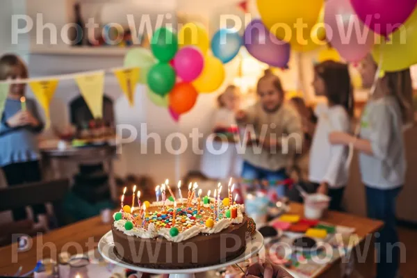 חברים ובני משפחה כוססים לחגיגת יום הולדת אבן דרך. שולחן, נר יום הולדת, כלי שולחן