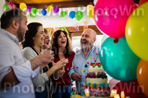 צחוקים ועידוד במסיבת יום הולדת מלאה בחברים ובני משפחה. הַלבָּשָׁה, שַׂמֵחַ, תְאוּרָה