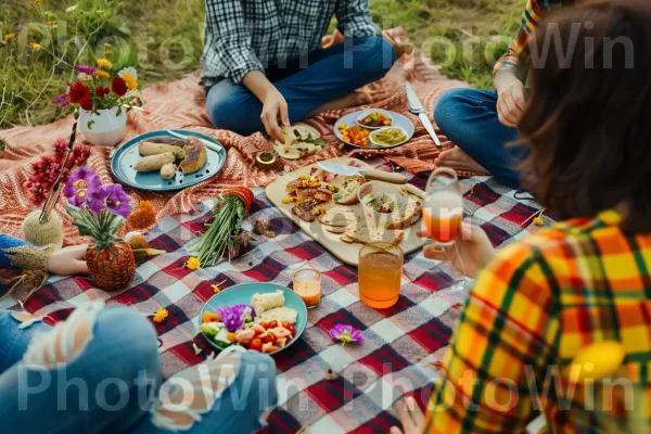 מפגש בסגנון פיקניק בחוץ כדי לחגוג ציון דרך חשוב. מזון, ירוק, שיתוף