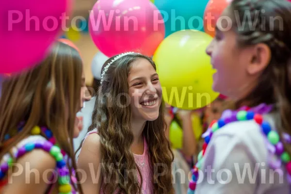 ילדה קורנת בשמחה כשהיא חוגגת את בת המצווה שלה עם חברים. הבעת פנים, שַׂמֵחַ, חוגג