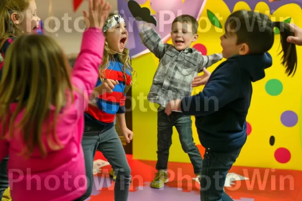 ילדים שובבים נהנים ממשחק להצמיד את הזנב לחמור במסיבת ילדים. שַׂמֵחַ, מחווה, אמנויות במה