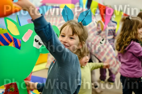 ילדים שובבים נהנים ממשחק להצמיד את הזנב לחמור במסיבת ילדים. חיוך, ירוק, צהוב