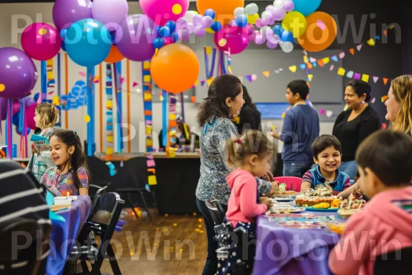 חגיגת יום הולדת מלאה בצחוק, מוקפת בחברים ובני משפחה. שולחן, שמלה, צהוב