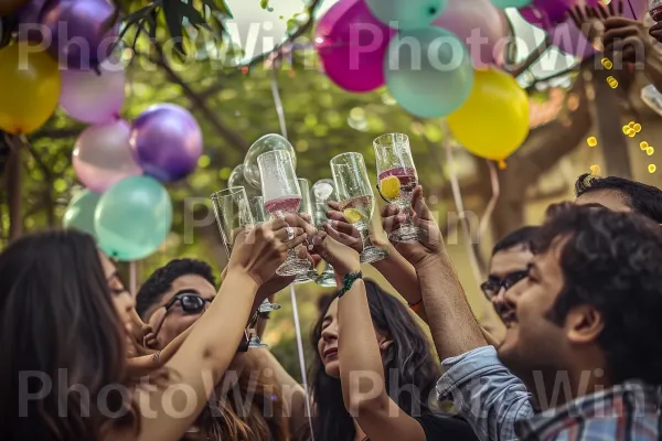 טוסט קולקטיבי לחגוג ציון דרך מדהים בחיים. תַצלוּם, חוגג, בַּלוֹן