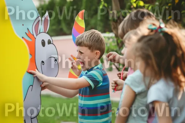 ילדים שובבים נהנים ממשחק להצמיד את הזנב לחמור במסיבת ילדים. חוּלצָה, שַׂמֵחַ, חולצה קצרה