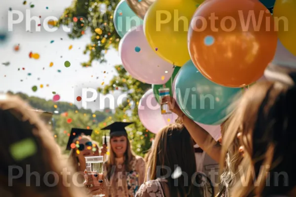 חברים ובני משפחה כוססים לחגיגת סיום מוצלחת. שְׁעוֹת הַיוֹם, שַׂמֵחַ, צהוב