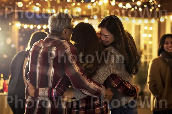 חיבוקים חמים שחולקים לאורחים באירוע מפגש משפחתי. טרטן, אופנה, תְאוּרָה