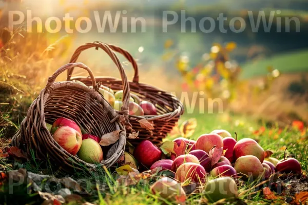 תמונת עונת הקציר שלכדת סלסלות גדות של תפוחים ואגסים. טֶבַע, סַל, נוף טבעי