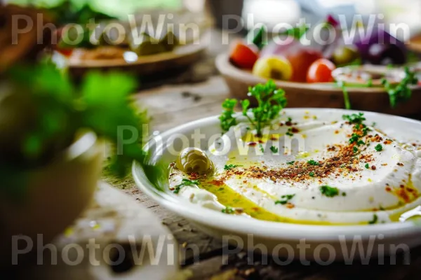 לבנה שמנת וחריפה עם טפטוף שמן זית ותיבול זעתר. מזון, כלי שולחן, כלי אוכל