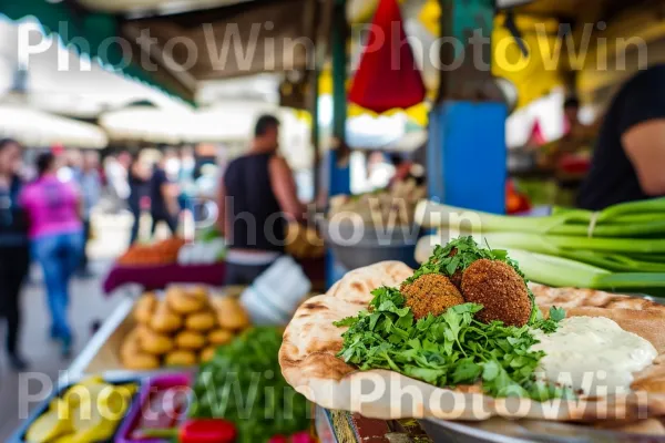 פלאפל מעורר תיאבון עם רוטב טחינה שמנת ועשבי תיבול טריים. מזונות טבעיים, מוכר, מזון מלא