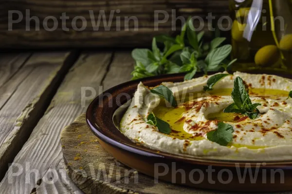 פלטת חומוס קלאסית מעוטרת בשמן זית ועשבי תיבול טריים. מזון, כלי אוכל, מַרכִּיב