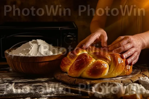 פרווה, זהובה-חלה, לחם קלוע שנאפה לשלמות. מזון, מזון בסיסי, כלי שולחן