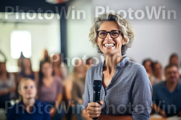 אישה מועצמת בשנות הארבעים לחייה מגישה מצגת בביטחון. חיוך, מִיקרוֹפוֹן, טיפול חזון