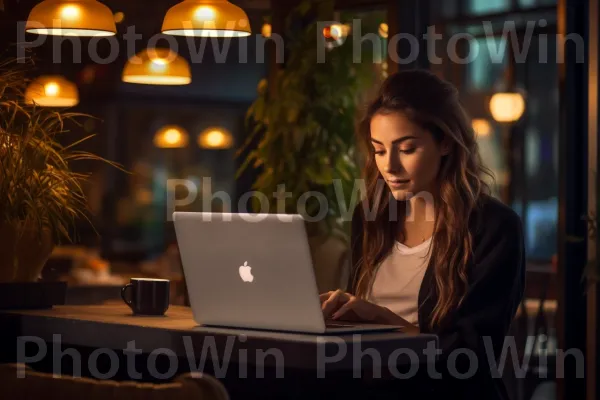 אישה שאפתנית בשנות העשרים לחייה עובדת על מחשב נייד בבית קפה נעים. צמח, מחשב אישי, עֵץ