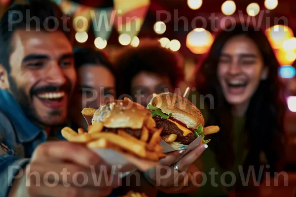 המבורגרים וצ\'יפס מעוררי תיאבון נטרפים בתוך צחוק ופטפוט. כלי שולחן, מִטְבָּח, אוכל מהיר