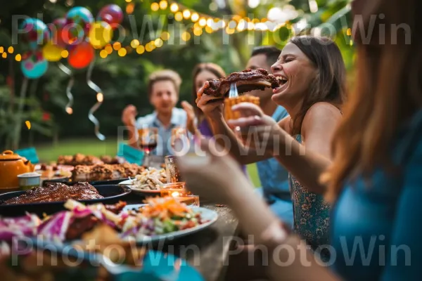 פרצופים מאושרים נהנים מצלעות מנגל טובות וסלט כרוב מבולגן, ללקק אצבעות. כלי שולחן, כתום, פְּנַאִי