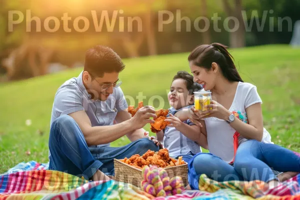 קשרים משפחתיים על אהבה משותפת לכנפי עוף פריכות. אנשים בטבע, שיתוף, שַׂמֵחַ