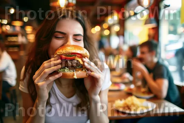 אישה צעירה נוגסת בהמבורגר עסיסי עם תוספות. הַלבָּשָׁה, תשוקה לאוכל, טוֹב