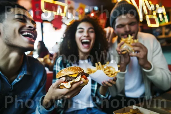 המבורגרים וצ\'יפס מעוררי תיאבון נטרפים בתוך צחוק ופטפוט. מזון, כלי שולחן, תשוקה לאוכל