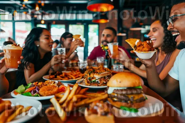 הסועדים צוללים לתוך מבחר של מאכלי נוחות שמנוניים בהתלהבות. כלי שולחן, מתכון, מַרכִּיב