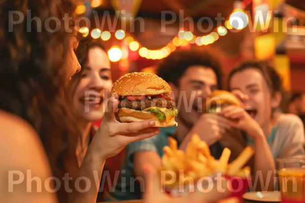 המבורגרים וצ\'יפס מעוררי תיאבון נטרפים בתוך צחוק ופטפוט. מזון, כלי שולחן, כתום